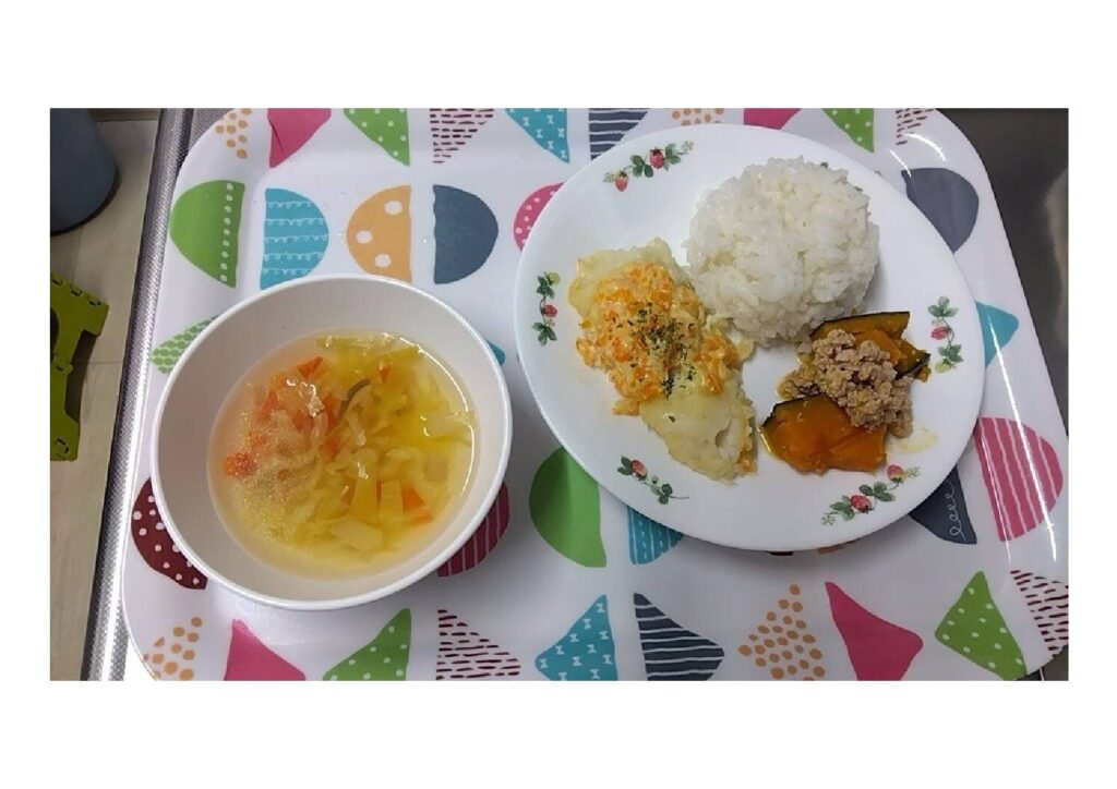 3月17日 タラのタルタル焼 かぼちゃそぼろ煮 カレー風味スープ