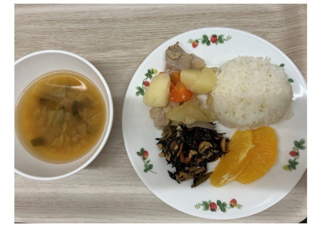 鶏肉じゃが ひじきの煮物 大根味噌汁 オレンジ