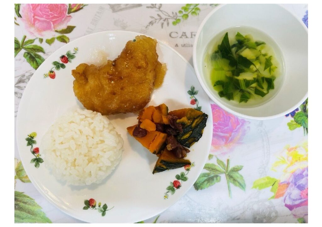 4月2日 魚の揚げ煮 かぼちゃのいとこ煮 すまし汁