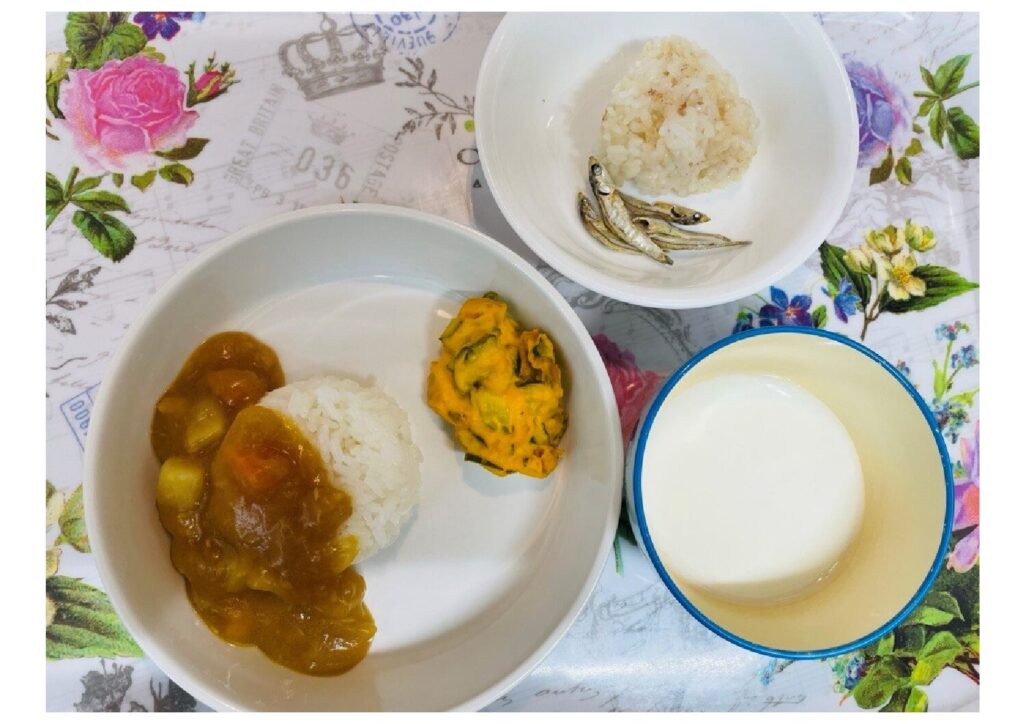 ツナカレー かぼちゃサラダ ヨーグルト おやつ:おかかおにぎり 子魚
