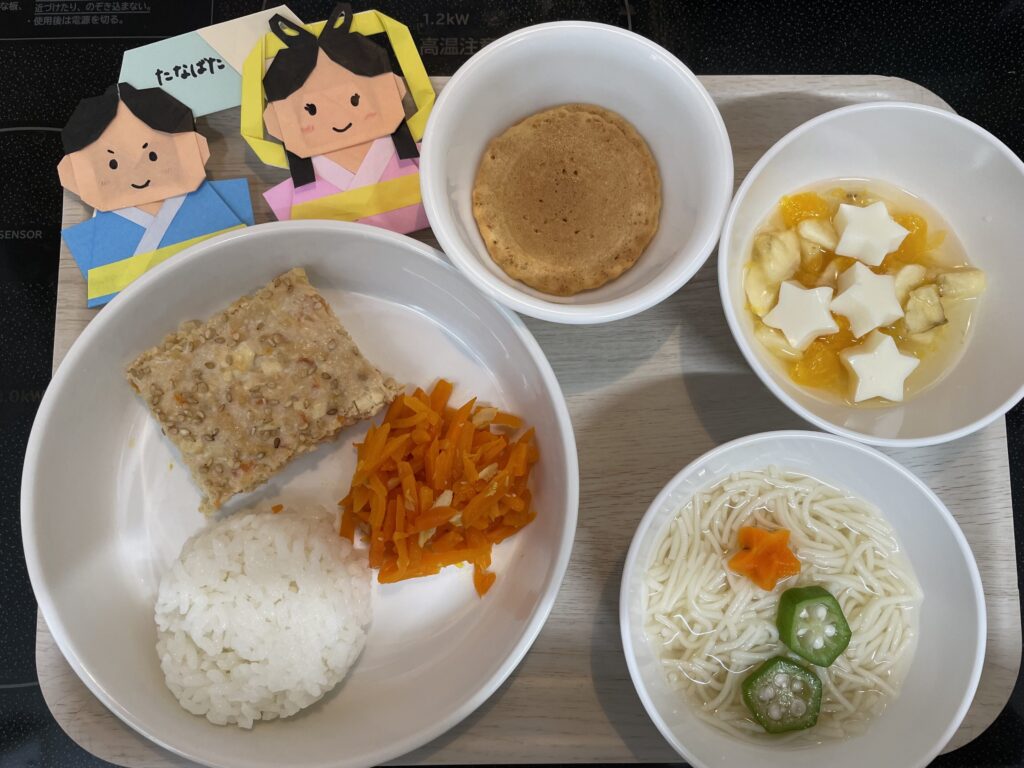 七夕給食 松風焼き 人参しりしり 七夕スープ おやつ キラキラフルーツポンチ