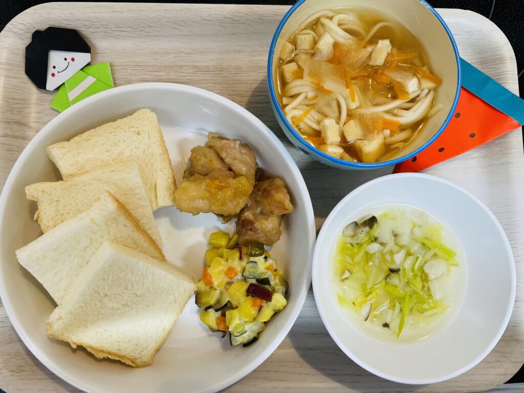 鶏肉のマーマレードソース マセドアンサラダ おやつ 冷やしうどん